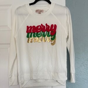 Philosophy White Sweatshirt with Red, Green, and Gold Text